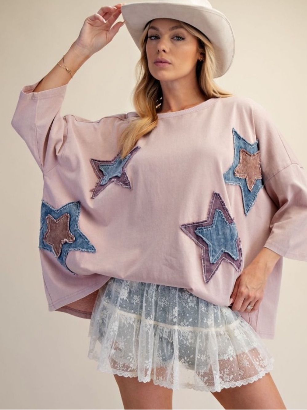 271 1-I 🦋 NEW EASEL MINERAL WASHED STAR PATCH DETAILING
BOXY TOP